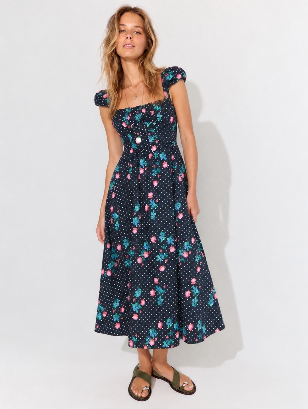For Love & Lemons Florentina Floral Polka Dot Corset Midi Dress Black XS